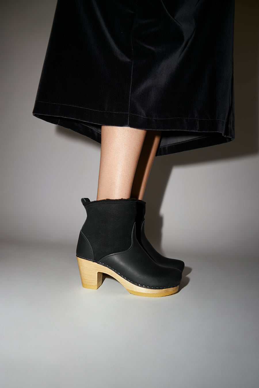 No.6 5 Inch Pull On Shearling Clog Boot on High Heel in Black Suede