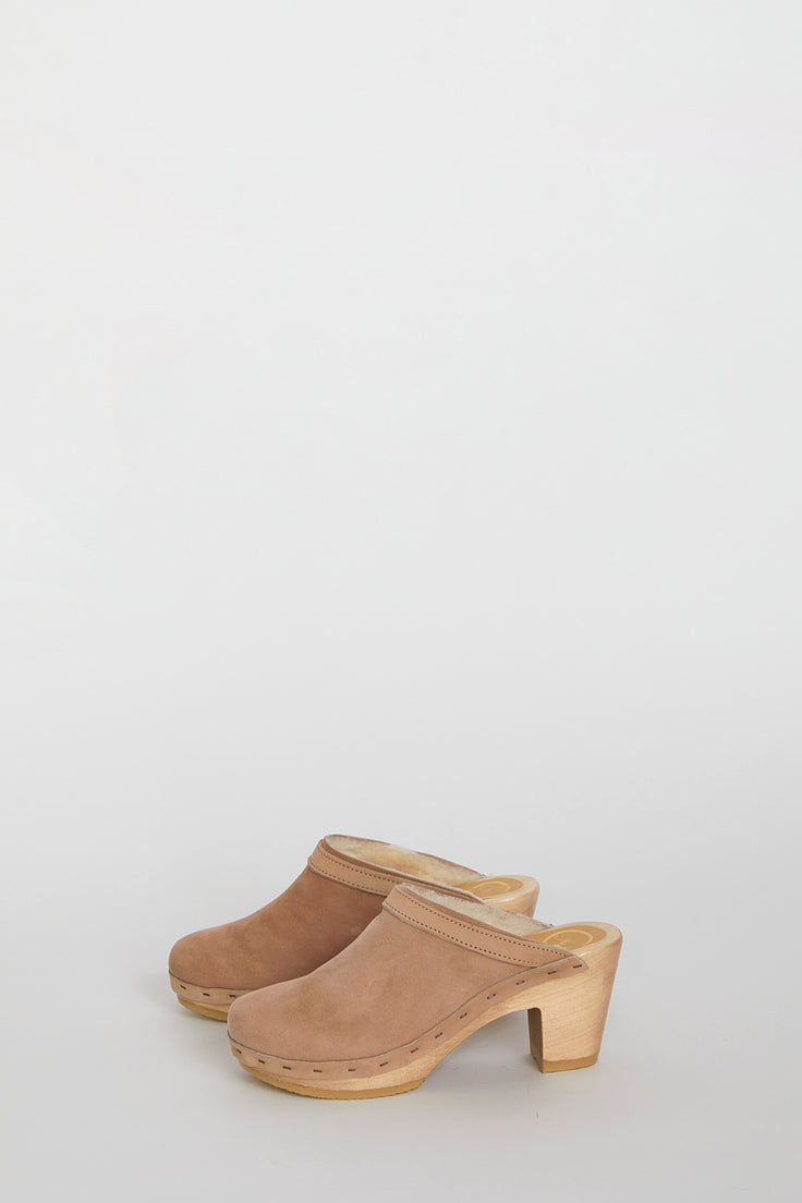 Image of No.6 Dakota Shearling Clog on High Heel in Fawn Suede and Bone