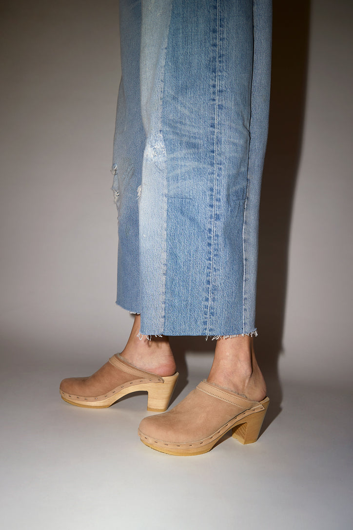 Image of No.6 Dakota Shearling Clog on High Heel in Fawn Suede and Bone