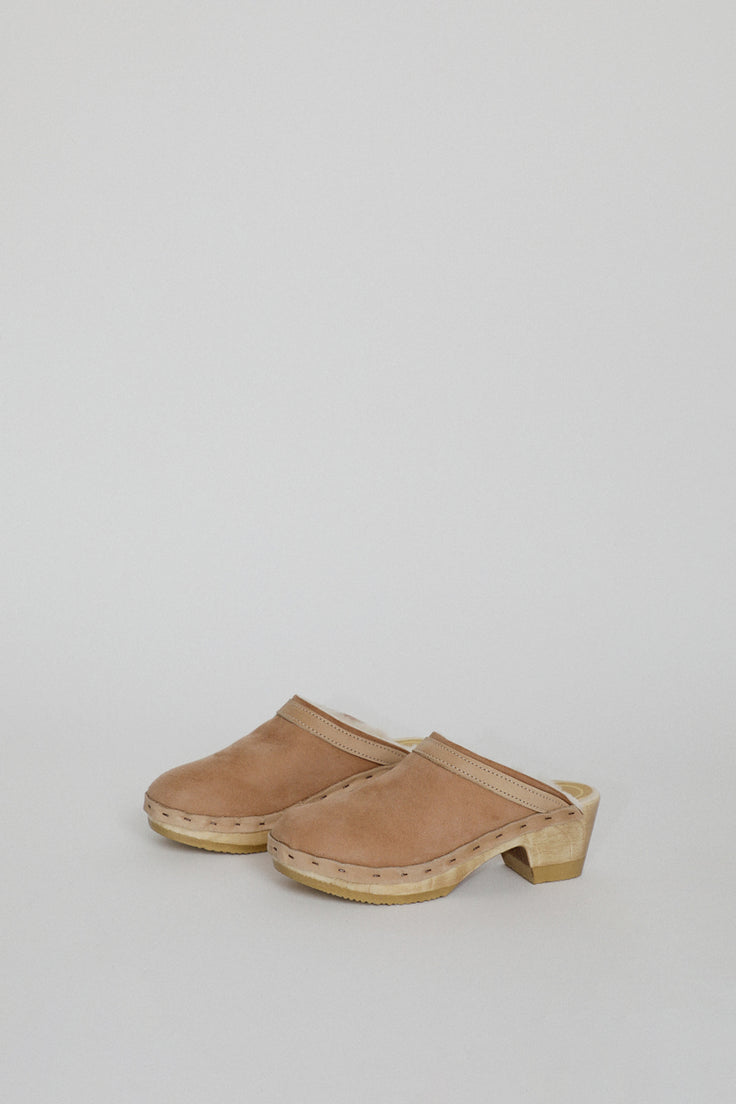Image of No.6 Dakota Shearling Clog on Mid Heel in Fawn Suede and Bone