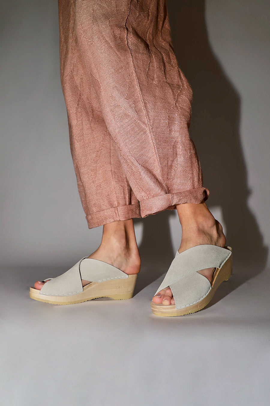 No.6 Frida Clog on Mid Wedge in Chalk Suede