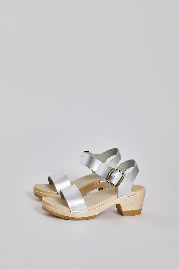 Image of No.6 Two Strap Clog on Mid Heel in Silver